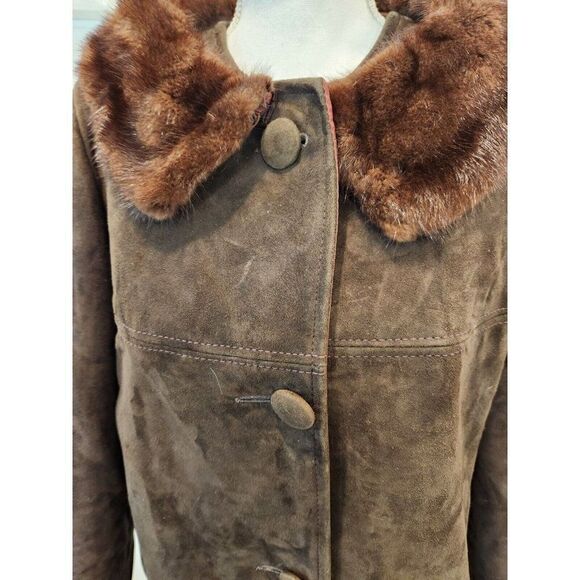 Vintage 60s Brown Mink Collar Suede Leather Coat Jacket L Mod Glam Pinup Volump - Picture 2 of 4